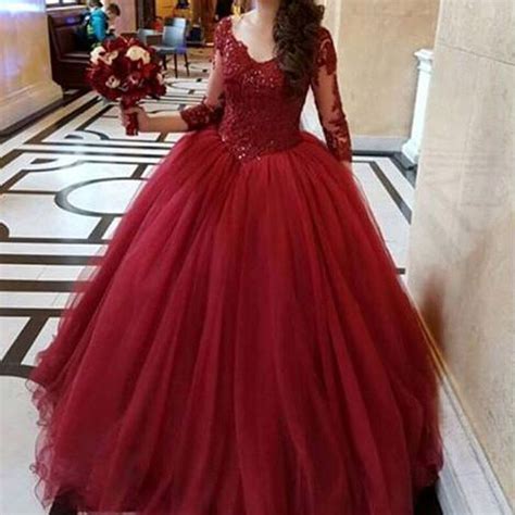 Attractive Burgundy Prom Dresses Ball Gown Prom Dress V Neck Illusion 34 Sleeves Beaded Lace