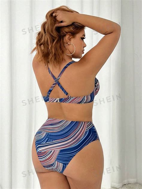 Shein Swim Curve Conjunto De Mai Feminino Plus Size Listras