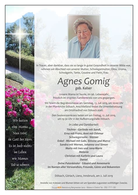 Todesanzeige Agnes Gomig Trauer Link