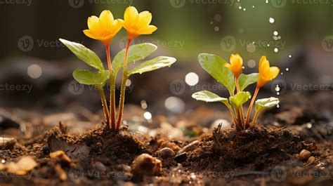 Two Small Yellow Flowers Sprouting From The Ground Generative Ai