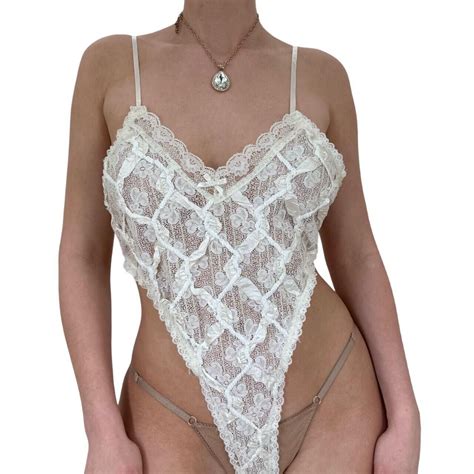 90s Rare Vintage White Floral Lace Bodysuit M L Gem