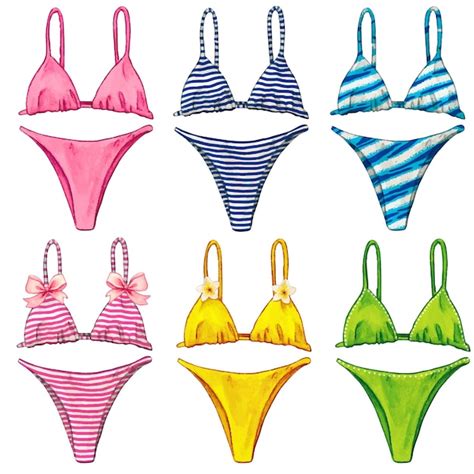 Aquarell Bunte Bikini Badeanzug Kollektion Premium Vektor