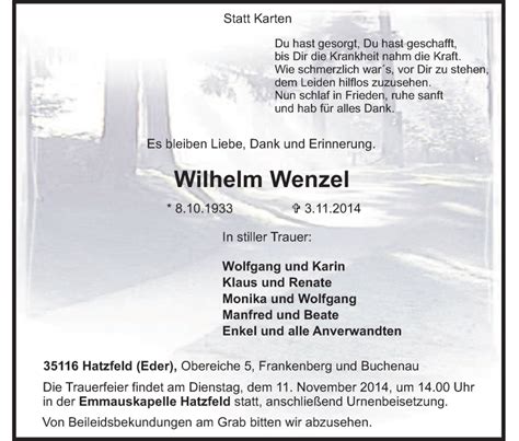 Traueranzeigen Von Wilhelm Wenzel Trauer Hna De