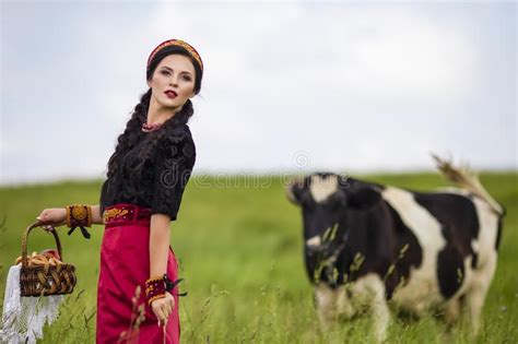 Fashion Portrait Of Sensual Caucasian Brunette In Russian Kokoshnik