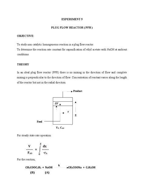 Experiment 5 Plug Flow Reactor (PFR) Objective:: Product | PDF ...