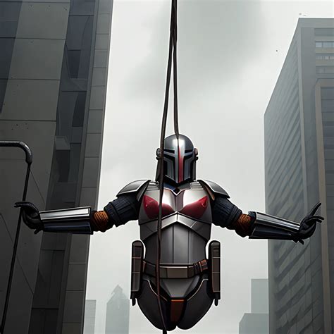 Mandolorian Hanging Precariously From Small Wire Cyberpunk Buil