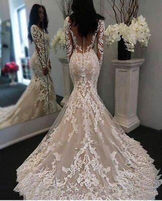 Luxury Champagne Mermaid Wedding Dresses Bridal Gown Long Sleeves Sweep