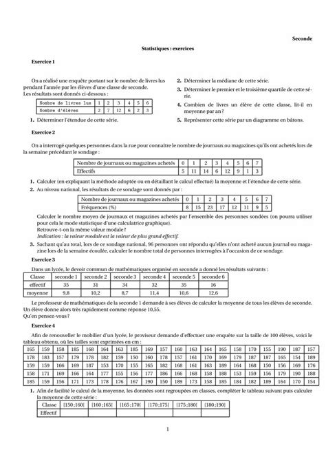 Pdf Seconde Statistiques Exercices Exercice 1 3 · Calculer Le