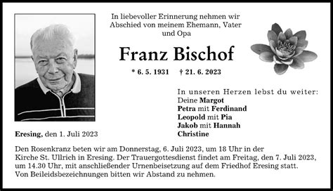 Traueranzeigen von Franz Bischof Allgäuer Zeitung