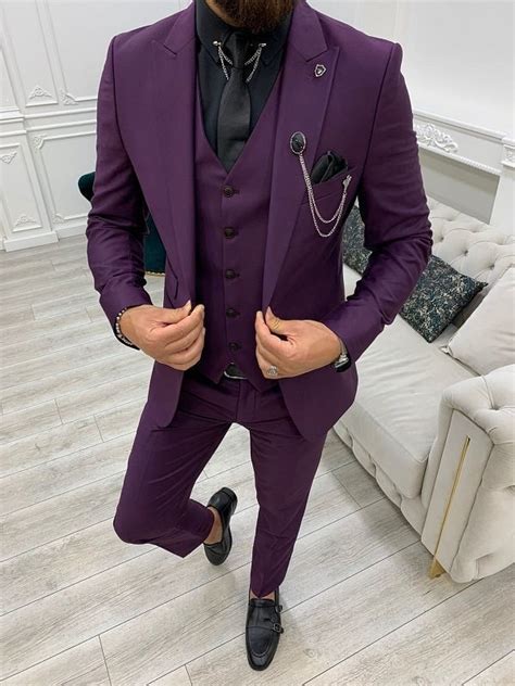 Men Suits Purple 3 Piece Slim Fit One Button Wedding Groom Etsy