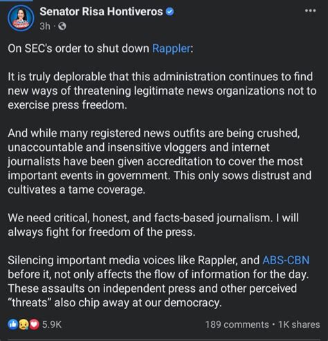 Senator Risa Hontiveros Statement On Secs Order To Shutdown Rappler