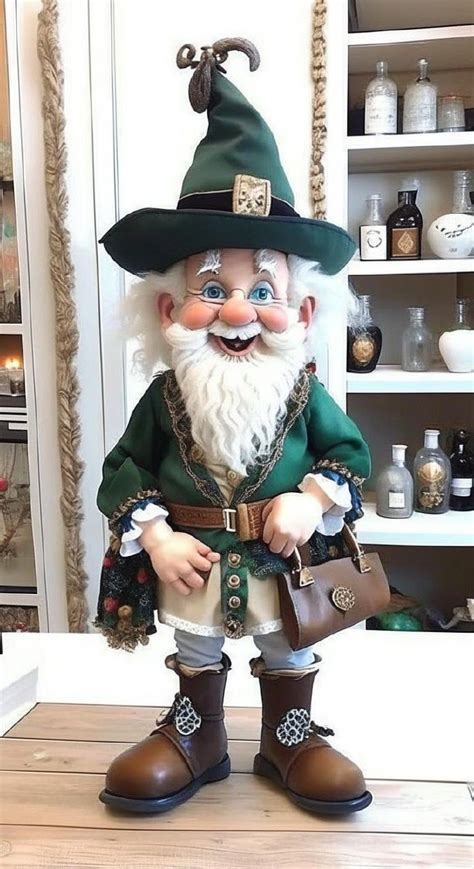 A Gnome Figurine Sitting On Top Of A Wooden Table Next To A Shelf