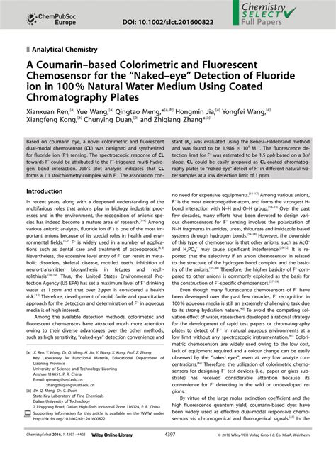 Pdf A Coumarin Based Colorimetric And Fluorescent Chemosensor For The