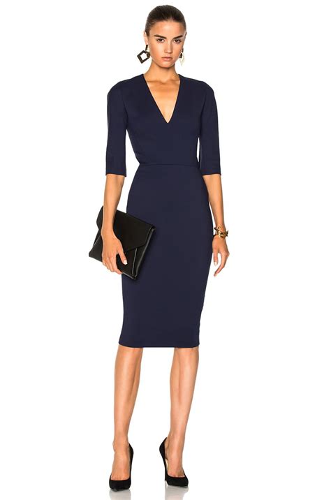 Victoria Beckham Microbrush Cotton Mid Sleeve V Neck Fitted Dress