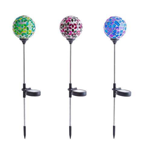 Solar Lighted Pieced Glass Mosaic Orb Garden Stakes Set Of Wind