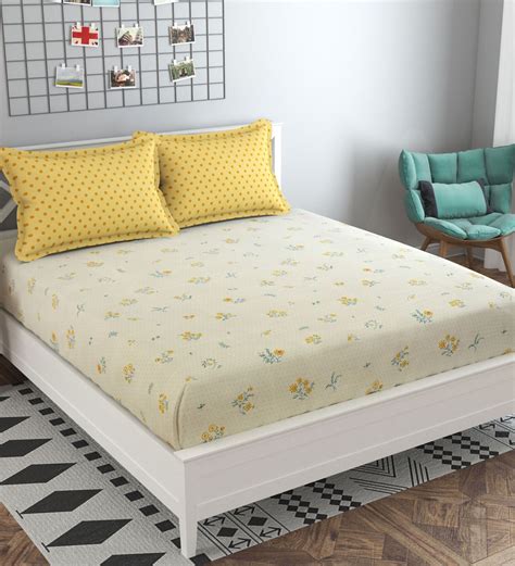 Buy Yellow Floral 210 Tc Cotton Blend King Sized Bed Sheets With 2