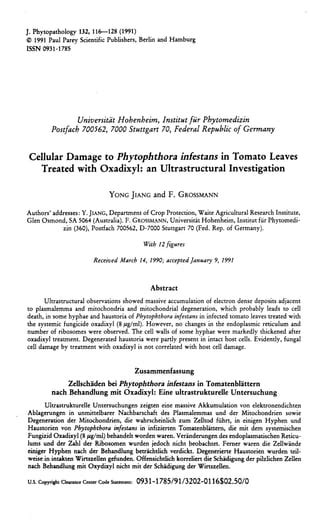 Cellular Damage To Phytophthora Infestans In Tomato Leaves Treated With