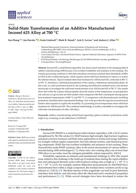 Pdf Solid State Transformation Of An Additive Manufactured Inconel 625 Alloy At 700 °c