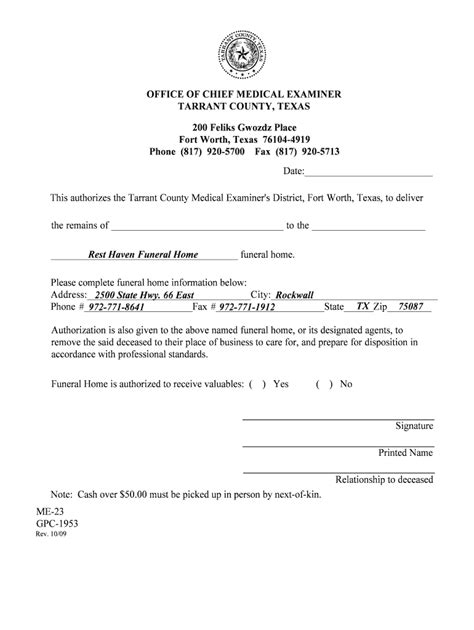 Fillable Online Tarrant County Medical Examiner Release Form Rest