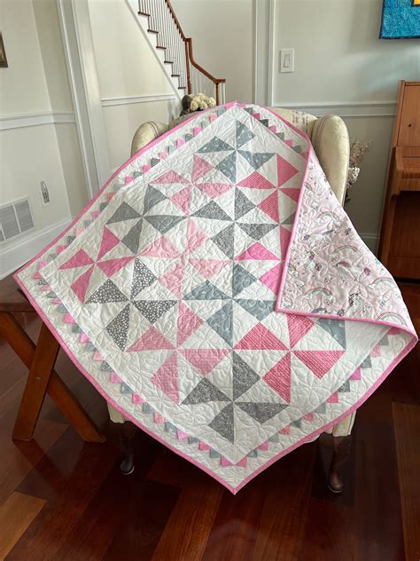 Baby Girl Pinwheel Quilt With Prairie Points And Unicorns Handmade