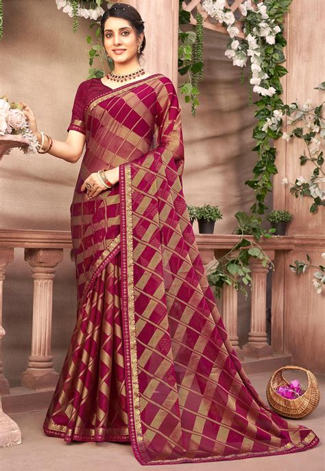 Buy Foil Printed Chiffon Brasso Saree In Magenta Online Ssf