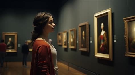 Premium Photo Woman Standing In Hallway Next To Paintings