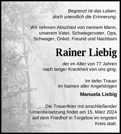 Traueranzeigen Von Rainer Liebig Trauer Nordkurier