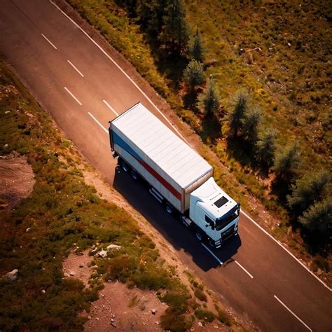 Vista aérea de um camião de carga na logística de transporte terrestre