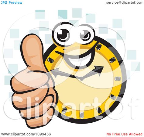 Clipart Happy Clock Holding A Thumb Up Over Blue Tiles Royalty Free