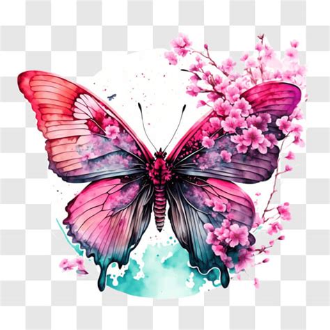 Baixe Borboleta Colorida Em Galho Flores Rosa PNG Creative Fabrica