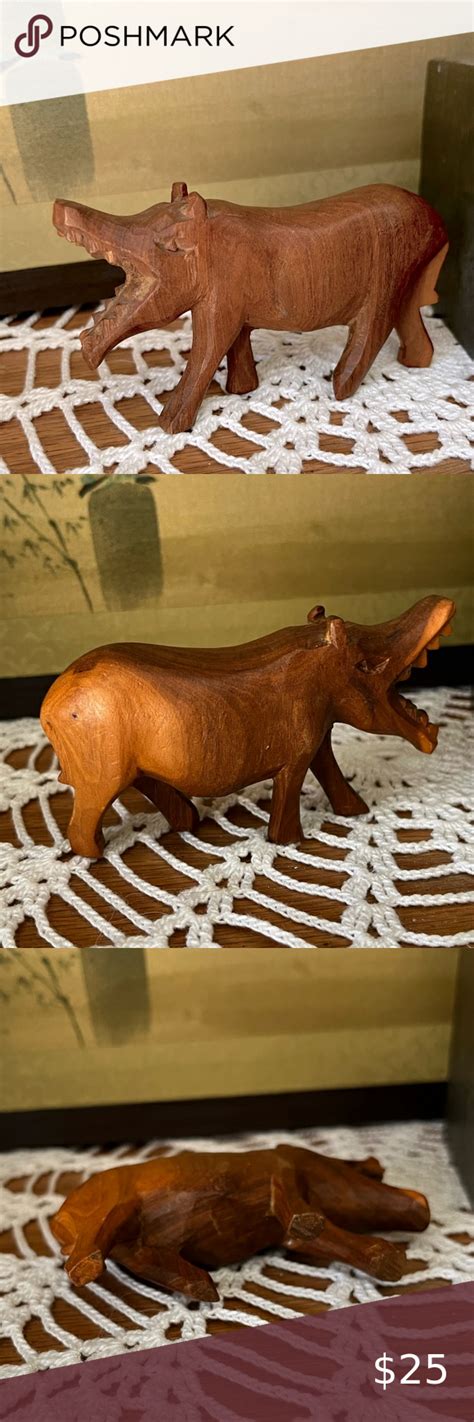 Vtg Mcm African Folk Art Carved Wooden House Hippo Figurine Art