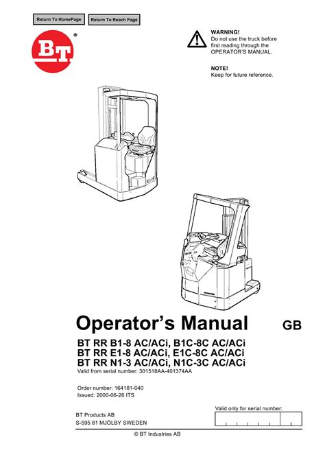 BT Forklift RR B1 N1 B1C N1C AC ACi Operator Manual PDF