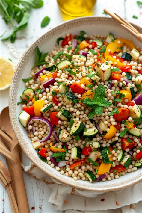 Israeli Couscous Salad With Roasted Vegetables And Lemon Dressing Cooking Mediterranean