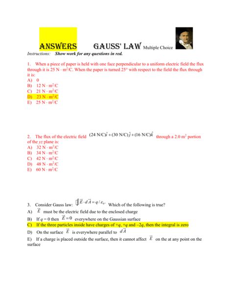 Gauss Law Mc Student Version Answers