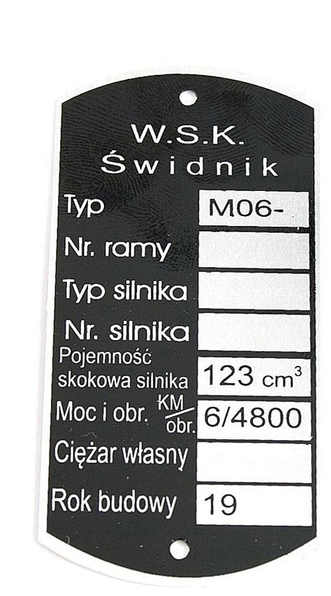 Tabliczka znamionowa na ramy motocykla do WSK WFM 8707 za 17 50 zł z