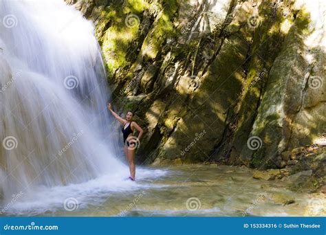 Woman And Bikini Black Shape At Erawan Waterfall Stock Photo Image Of