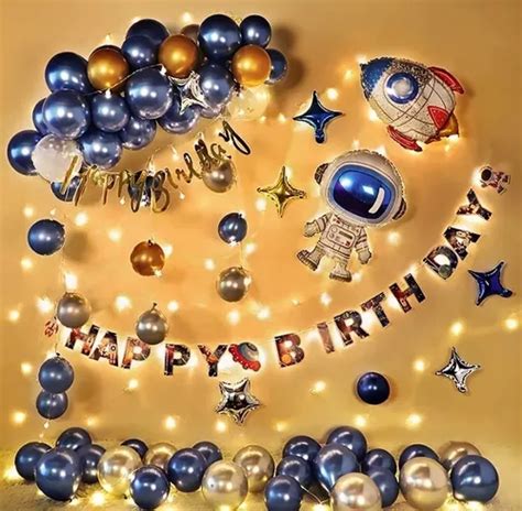 Kit Globos Feliz Cumpleaños Astronauta Deco Metalicos luces Envío gratis