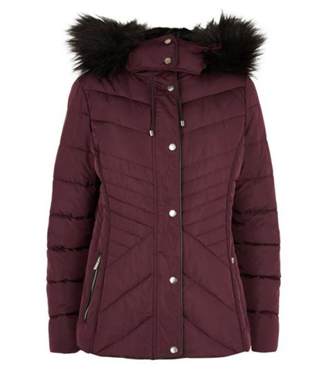 New Look Burgundy Faux Fur Trim Fitted Puffer Jacket Ogalax