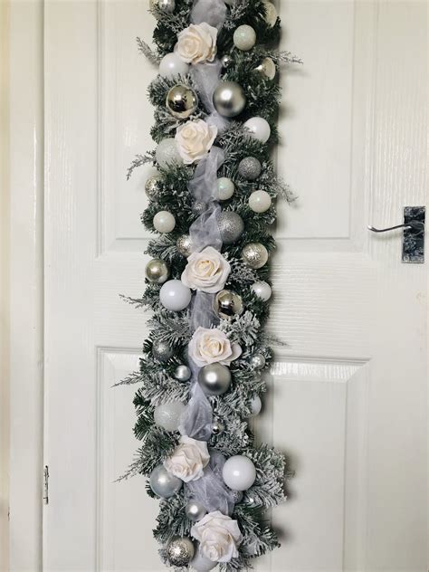 White silver Christmas Garland Flowers Stairs Fireplace | Etsy