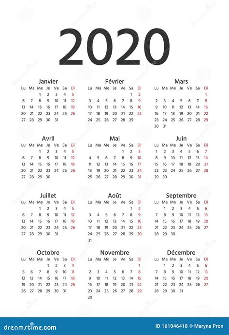 Calendário Francês 2020 Ilustração Vetorial Planejador De Ano De Modelo