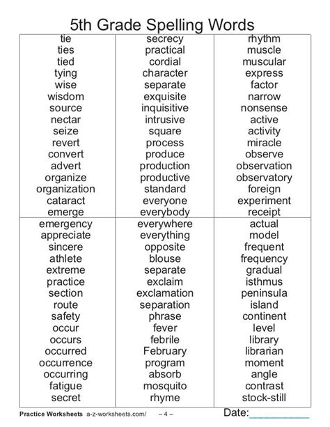 Word List For Th Graders