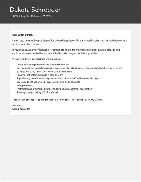 Warehouse Leader Cover Letter Velvet Jobs