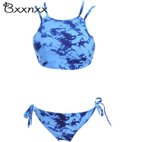 New Women Print Bikini Set Sexy Tie Dye Swimwear Crop Top High Neck