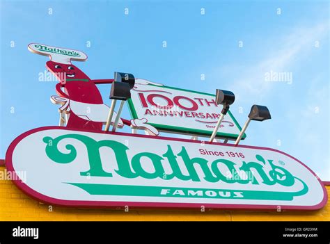 Close Up Of Sign And Building On Nathans Famous Hot Dog Restaurant On