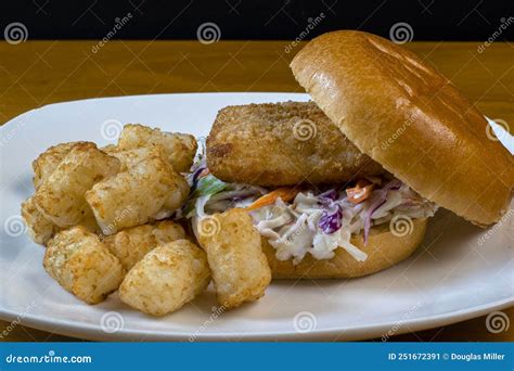 Fish Sandwich On Cole Slaw Between A Brioche Bun Stock Image Image Of