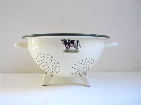 Vintage ENAMEL COLANDER Cream Colored with Green by FrenchKlimBim