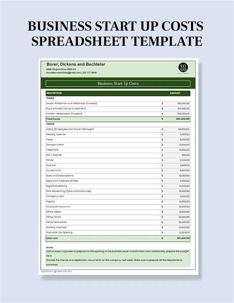 Startup Cost Worksheet Template