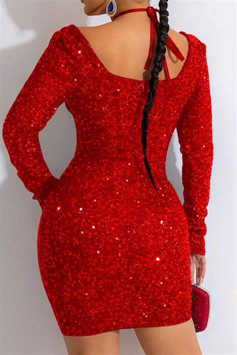 Sexy Red Sequin Mesh Long Sleeve Halter Party Dress Amiclubwear