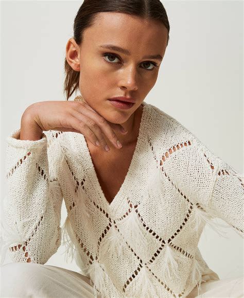 Diamond Pattern Jumper With Feathers Woman White Twinset Milano