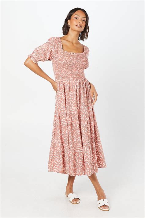 Dresses Shirred Bodice Puff Sleeve Tiered Midi Dress Dorothy Perkins